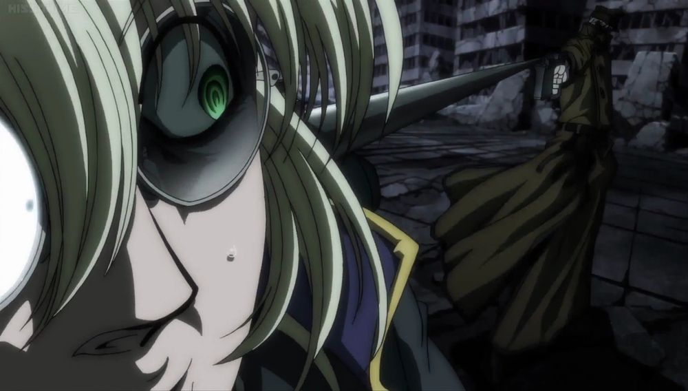 Screenshot from hellsing ultimate where the werewolf nazi has the extremely long barreled luger pointed at the iscariot lady's mouth