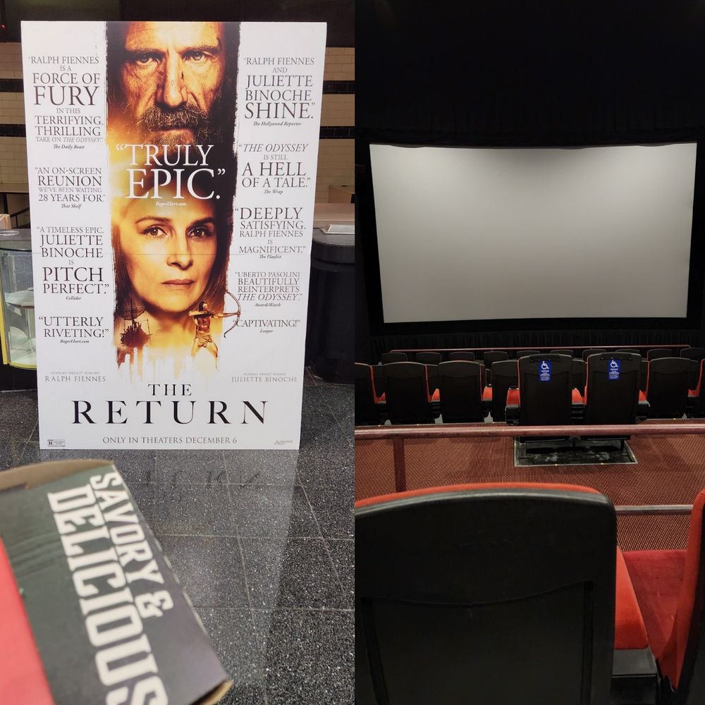 Composite photo. On the left sidnis a banner for the film The Return. Headshots of the lead actors playing Odysseus and Penelope are placed in the center along with the headline "Truly Epic." On the right side is an empty movie theater, with red seats. The movie screen takes up the top half of the theater.