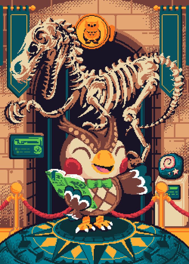Pixel art of Animal Crossing's Blathers the owl holding a book with one wing spread out in welcome gesture. Behind him is a raptor skeleton posed. The floor is a blue tinted compass with gold filigree, and sandstone walls border the fossil.