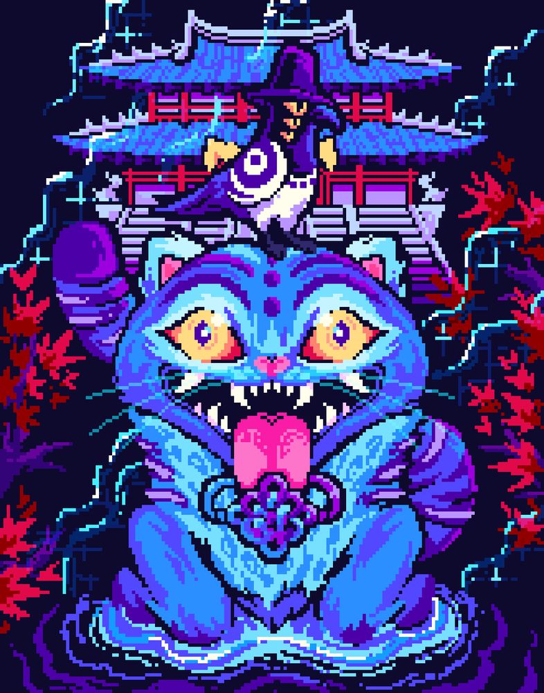 Fanart from Kpop Demon Hunters, the blue wide-eyed derpy tiger is looking straight on with his tongue out and phasing into the ground while the magpie sits judgily on his head. There is a traditional style temple behind the pair. It's framed in red korean maple leaves and overlaid with a subtle glowing grid effect 