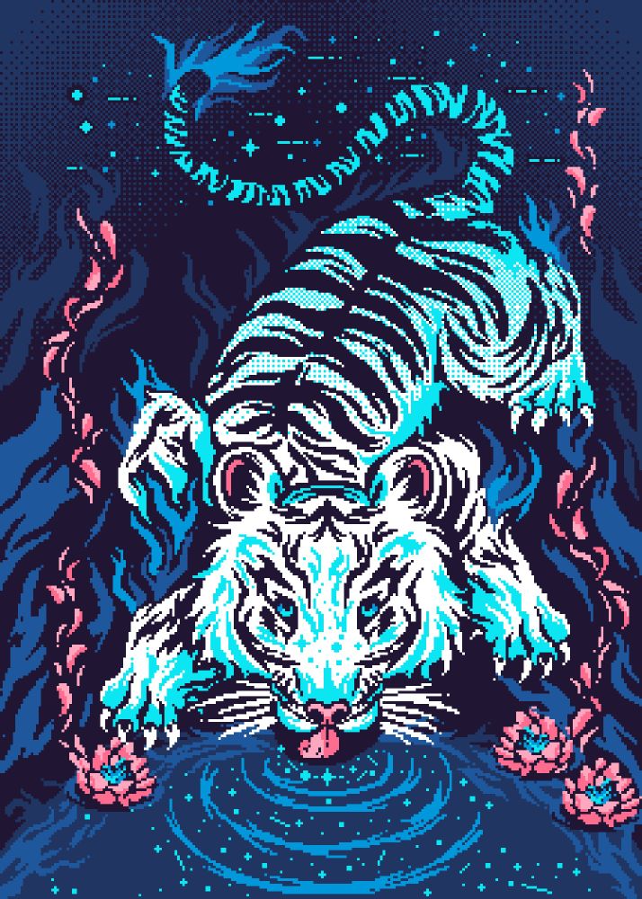 Large scale pixel art of a white tiger drinking at a pool, pink flowers sit in the water and petals flow upwards. There's swooshy blue added giving movement to the piece