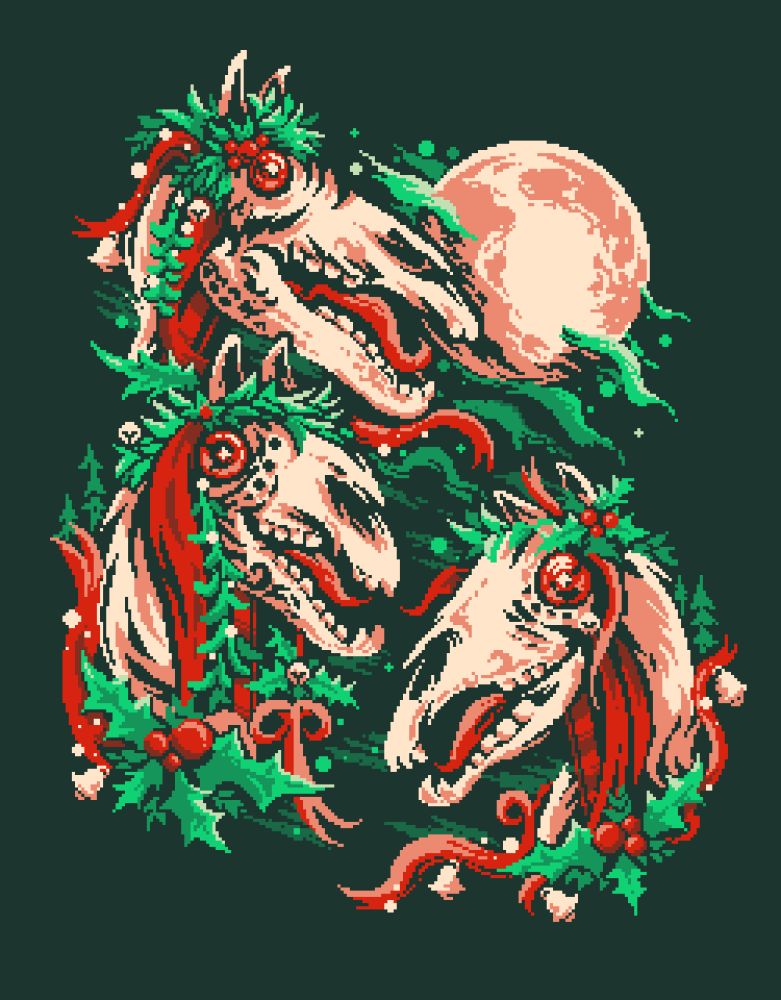 Three different mari Lwyd horse skulls with Holly and ribbon adornments arranged like the three wolf moon meme shirts
