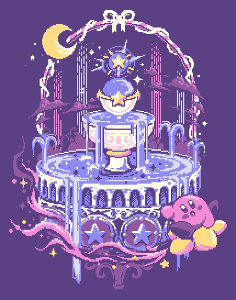 Fountain of dreams in pixel art with a pastel carousel vibe. Kirby is floating past on a star at the bottom