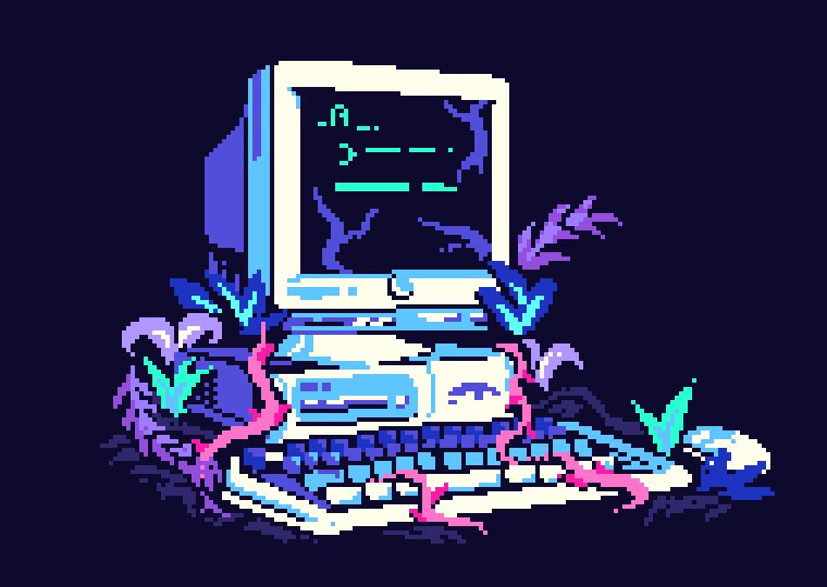 Pixel Art 90s style school PC with large cube monitor sitting on the pc tower as a stand, keyboard and mouse at desk level. The entire thing is covered in vines and plants snaking through the tech. 