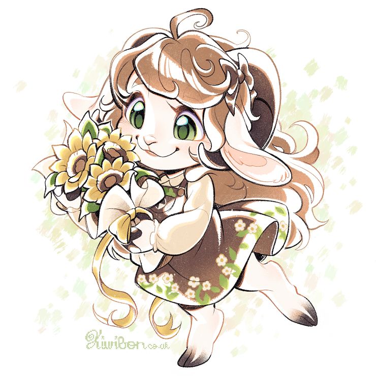 a sheep called floofs holding a bouquet of sunflowers while walking along, wearing a dress with daisy print