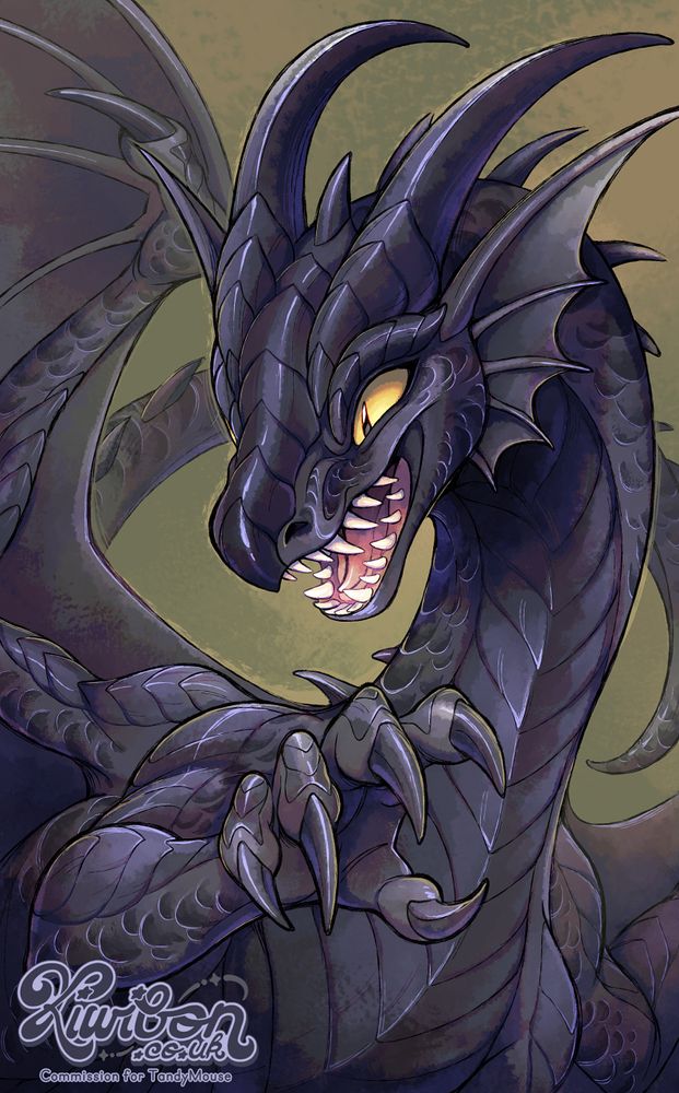 a portrait of a black dragon called draco with a raised claw and snarling expression