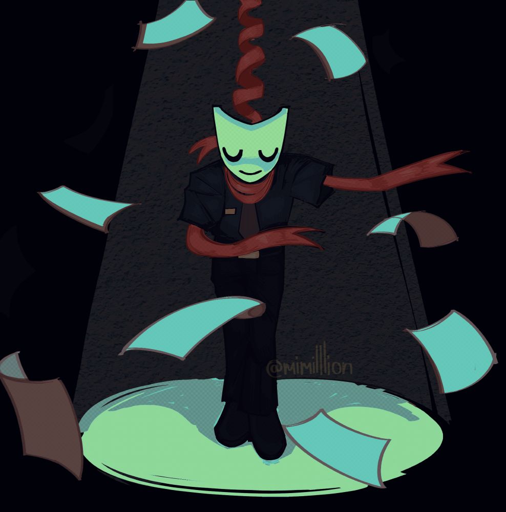 illustration of gangle from the amazing digital circus. she's bowing to the audience, illuminated by a spotlight as papers fall around her and a ribbon forms a noose around her neck