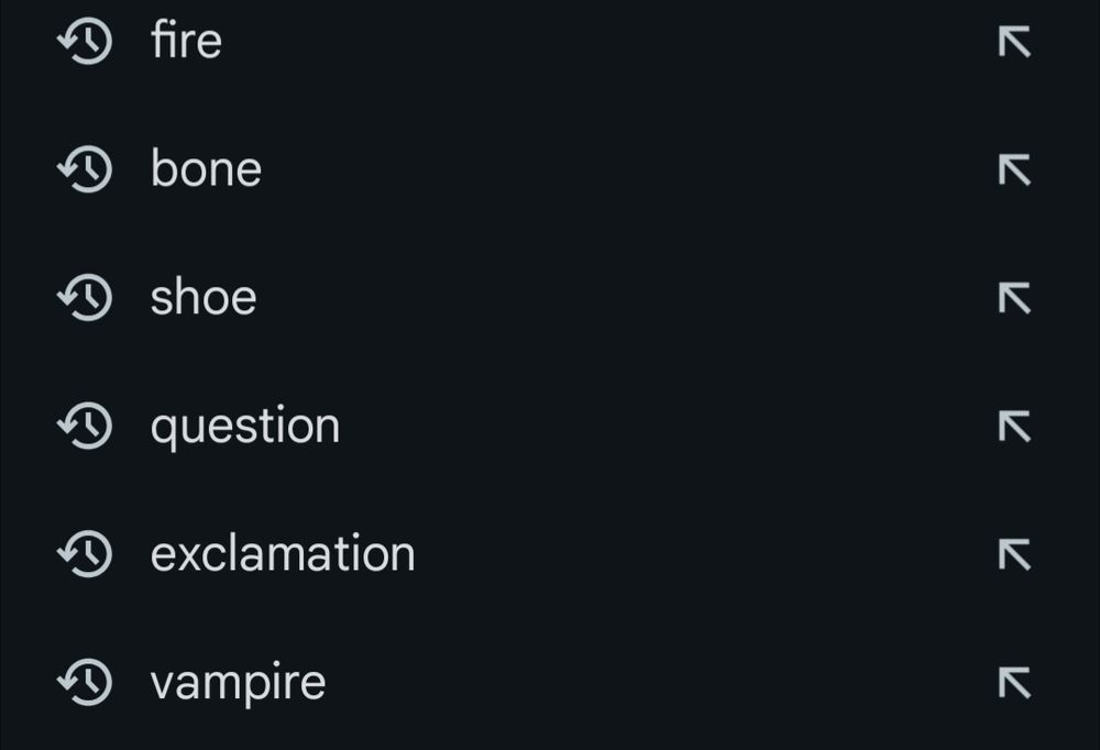 emoji search results: fire, bone, shoe, question, exclamation, and vampire