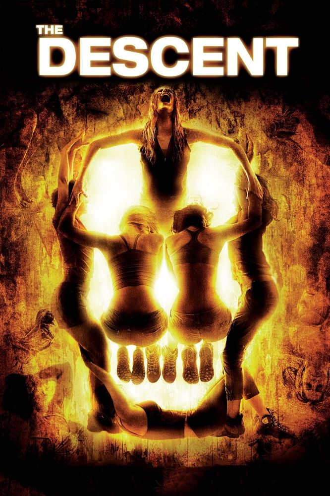 A movie poster for The Descent depicts the bodies of women contorted to form the shape of a skull