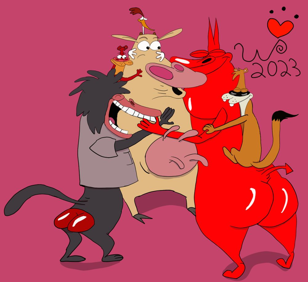 Hug it out groupshot! 
Featuring
Cow and Chicken
I. M. Weasel
I. R. Baboon
Wheeler (Artists' OC)