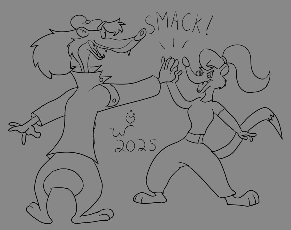Wacky Weasel (Bonkers) giving a high-five to his twin sister, *Wendy. (*fan oc created by ‪@kendraeevee.bsky.social‬)