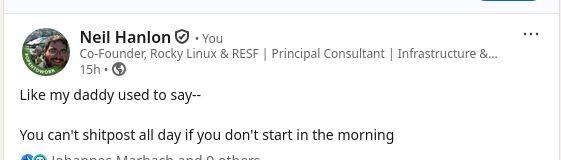 a screenshot of my linkedin post: "Like my daddy used to say-- You can't shitpost all day if you don't start in the morning!"