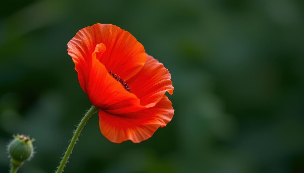 Photo of a red poppy (papaver rhoeas) and bud in front of a blurred, dark green background.  