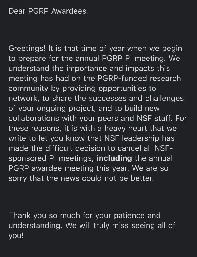 Screenshot of an email saying that NSF’s PGRP awardee meeting is canceled