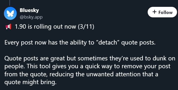 screenshot of a bluesky update that allows users to remove quote posts on their own posts