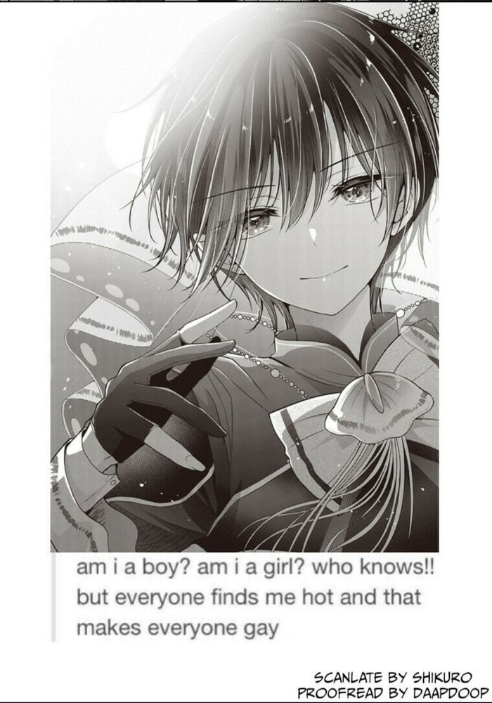 A panel featuring the main character of "I Think I Turned My Childhood Friend Into a Girl": Hiura Mihate. The text underneath the panel reads: am i a boy? am i a girl? who knows!! but everyone finds me hot and that makes everyone gay