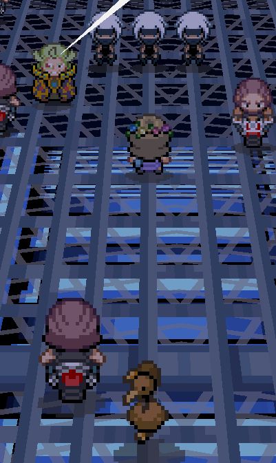 a screenshot of a serious conversation with the main villain on a busy motorcycle bridge and doduo is just chillin in the background(from PokeMMO)