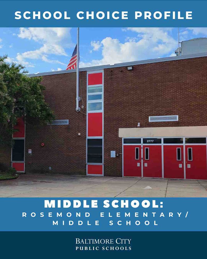 Front entrance of Rosemond Elementary/Middle School with red doors and an American flag against a partly cloudy sky.