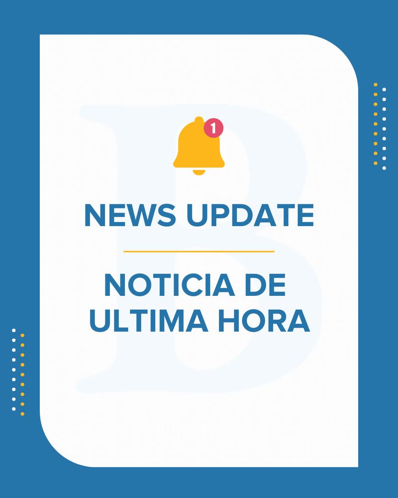 Notification bell icon with one alert above bilingual text reading 'News Update' and 'Noticia de Ultima Hora' on a blue and white background.