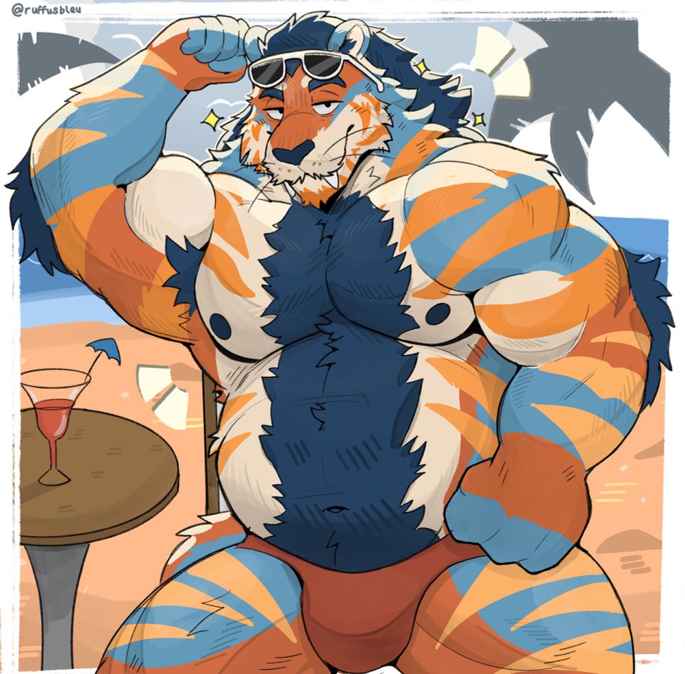 Anthro chunky but muscular tiger with orange and blue stripes lounges shirtless in swim trunks, leaning back with a confident smirk. Sunglasses rest on his head, and a drink sits on a table to his side palm trees and the shore behind him. The pose and setting give off a relaxed, flirty beach vibe.