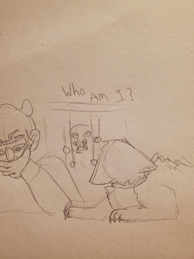Cat stan is lying on a table, looking back at Shifty, who is in a cage. Ford is visible, but he is not paying attention, staring down at the table with a hand on his chin. Stan's fur is on end, his ears flat and claws out in surprise. Shifty says, "Who am I?"