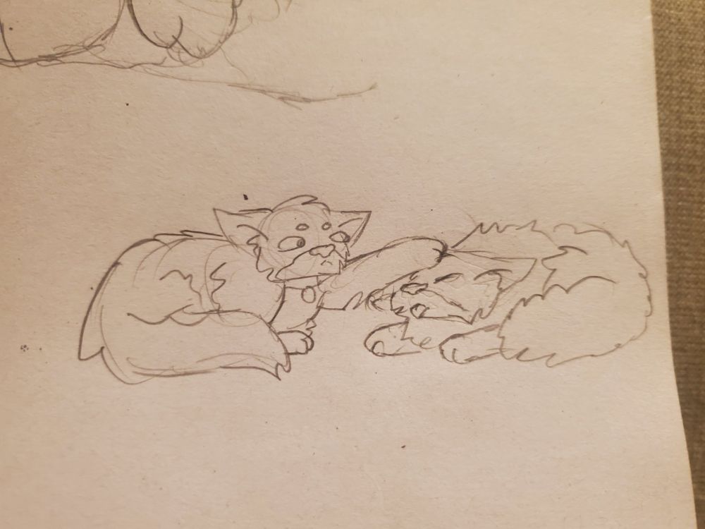 Drawing of Stan Pines as a cat bapping a copy of himself on the head. The copy is blepping in surprise.