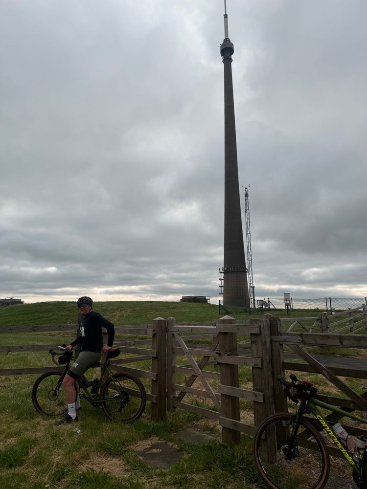 Sat on my bike in front of Emley Moor mast. 
