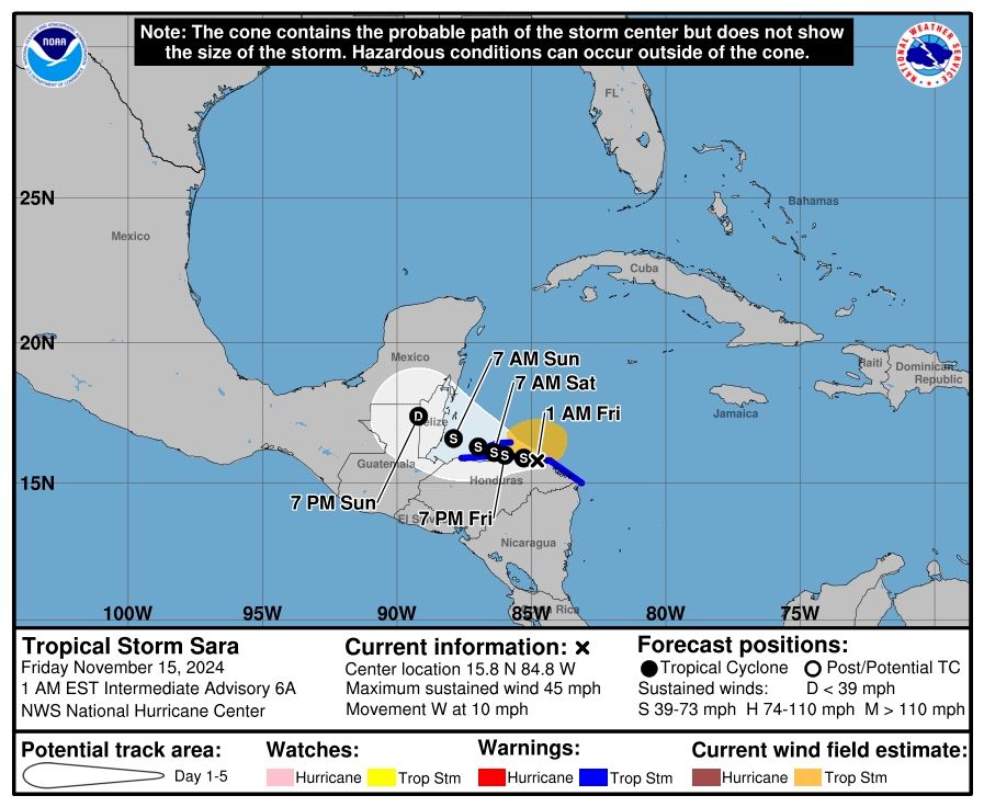 Tropical Storm SARA forecast cone
