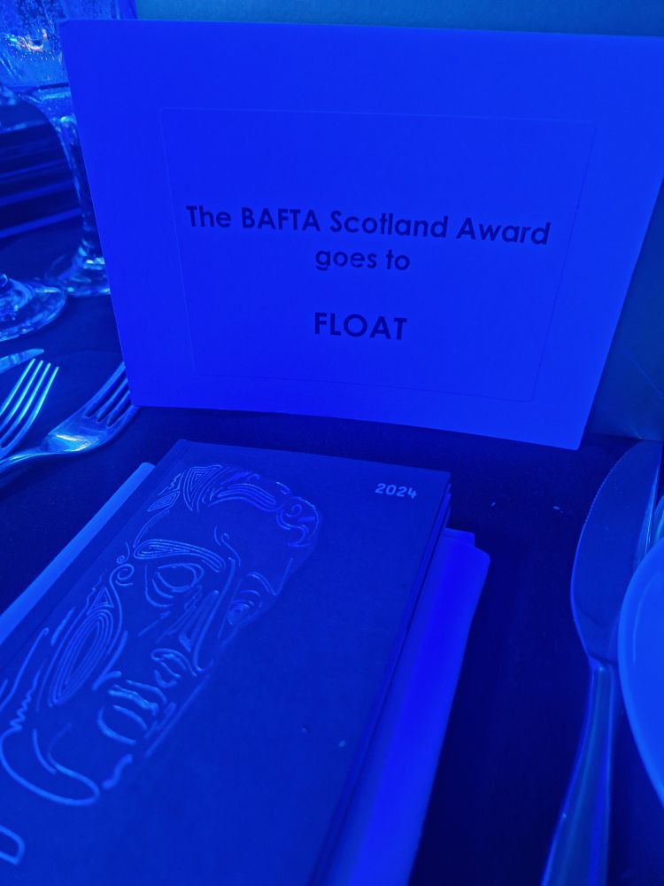 The award card saying that Float had won a BAFTA