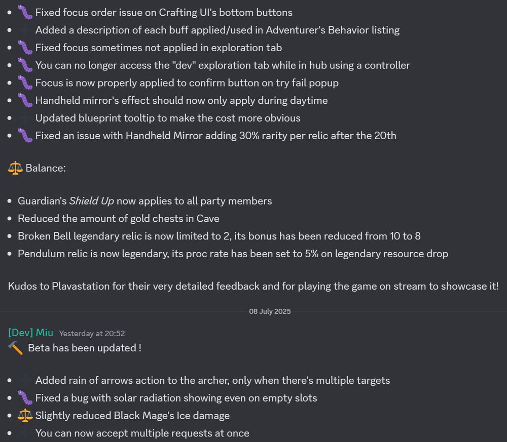 A couple of changelogs for Teamcrafter. Noteworthy improvements include:
- Descriptions for adventurer buffs
- A buff to Guardian shielding
- A nerf to the Pendulum relic
- Adding a "rain of arrows" action for Archer
- A nerf to Black Mage's Ice damage (Square-Enix would never!)
- Added the ability to accept multiple requests at once
- Controller focus fixes
