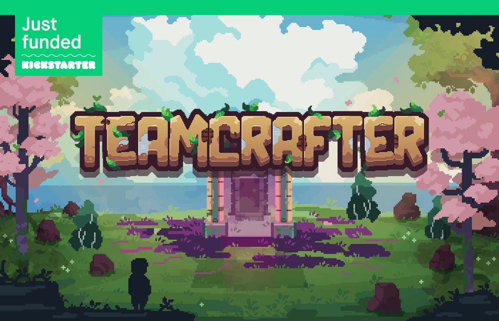 Key art of Teamcrafter, with a teleportation portal and a green landscape, showing the "Just funded" banner from Kickstarter.