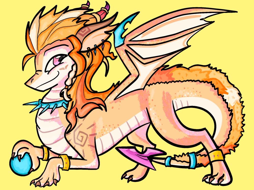 a drawing of a peach-coloured dragon with a long, bright orange mane.