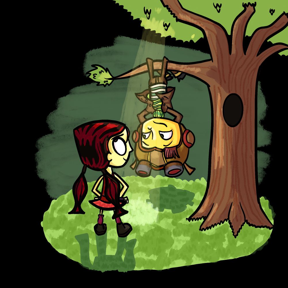 A drawing of Raz hanging upside down from a tree branch, smiling back at lili, who is standing upright and playfully rolling her eyes.