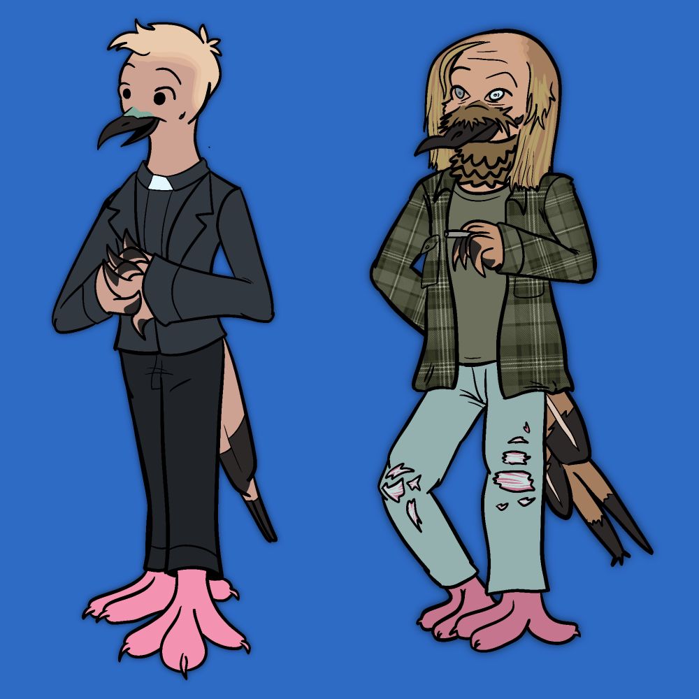 Two unshaded fullbody drawings of cricket from iasip as a mourning dove, both before and after leaving the church.