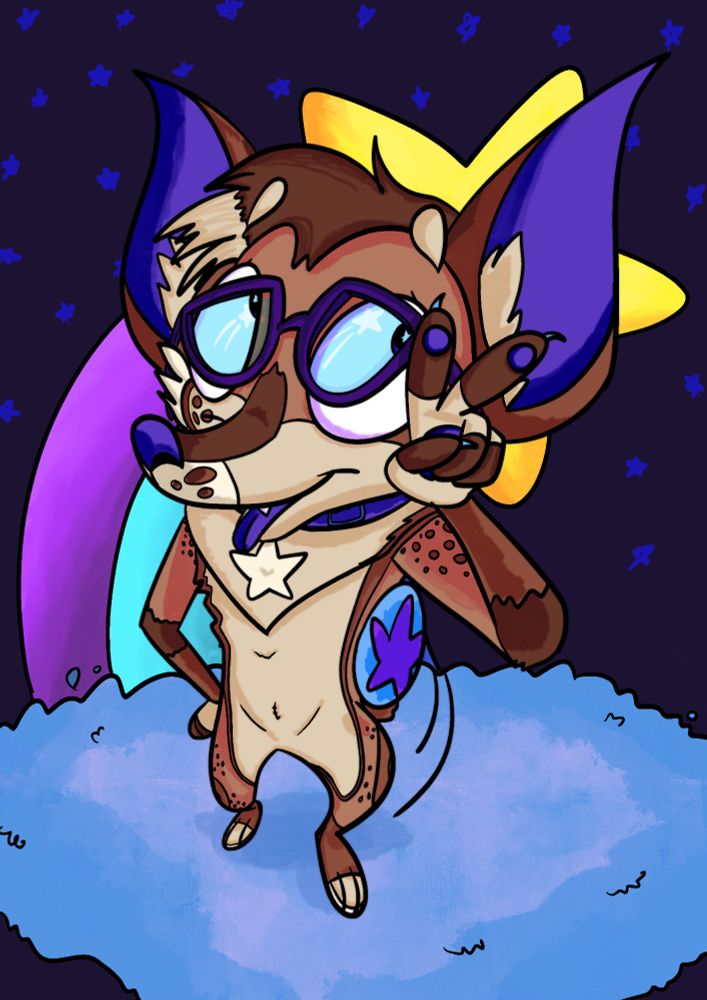 a drawing of a brown and tan chihuahua sona doing the peace sign while leaning into the camera