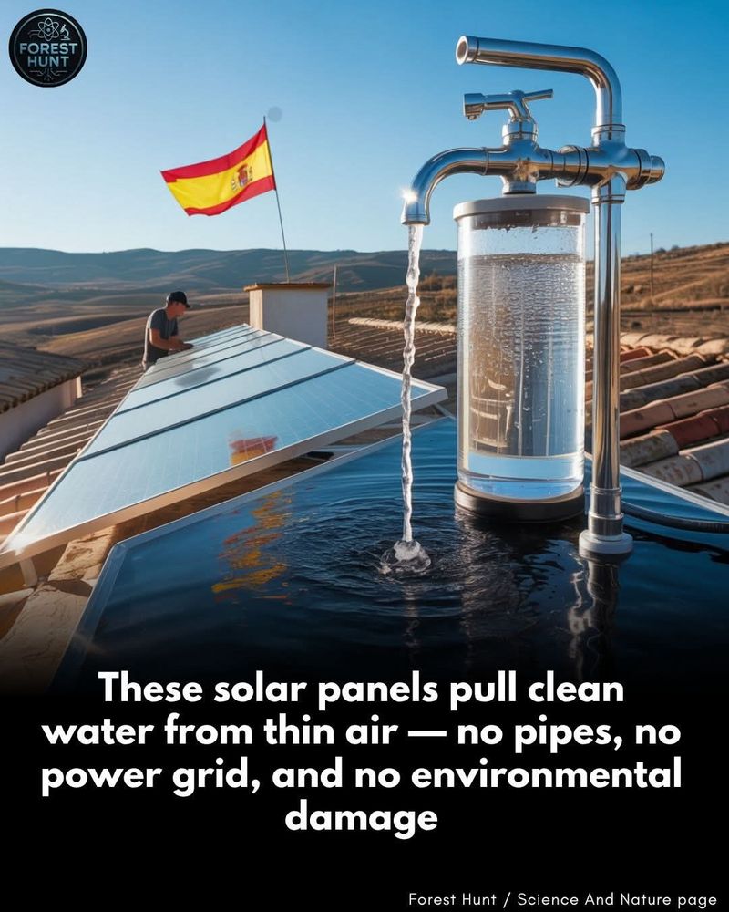 A picture of solar panels pulling clean water from thin air — no pipes, no power grid, and no environmental damage.