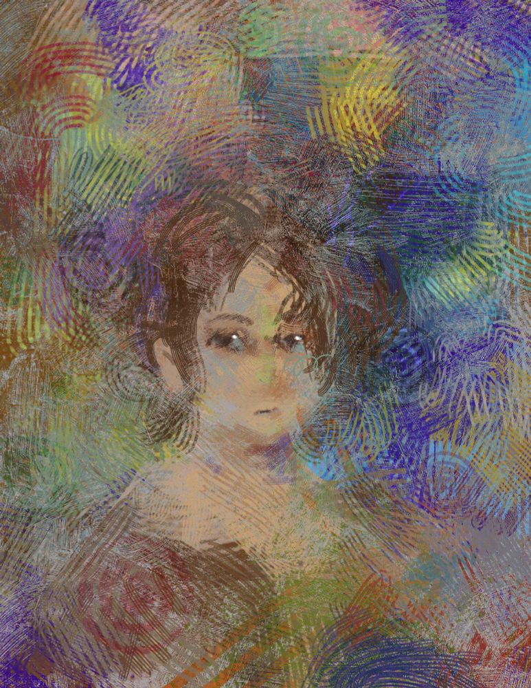 an abstracted self portrait done entirely in a scratchy rake brush texture. made with muted muddy colors. the brush strokes swirl around and the face is not defined out, instead it blend into the swirls of colors of the background. 
