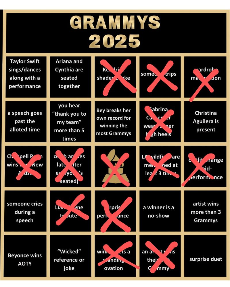 A 2025 Grammy bingo card