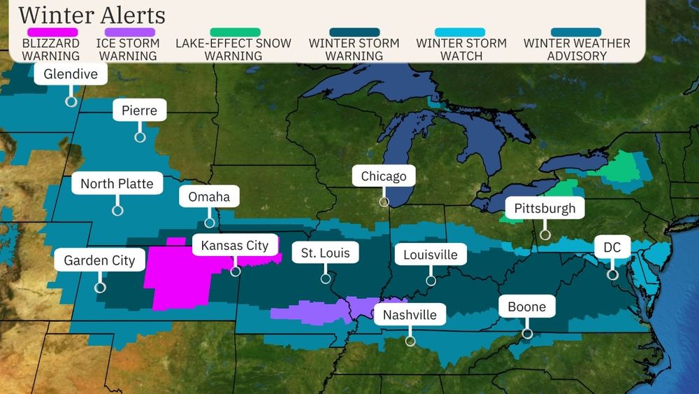 A photo of the states of the Midwest and eastern states affected by the winter storm.
