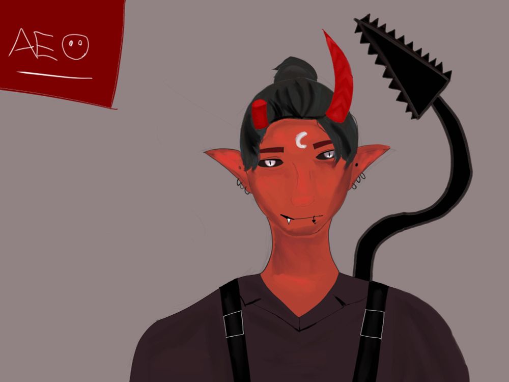 guy with pointy ears, red skin, drark grey hair, red horns, black and white eyes, spikey black demon tail, brownish collered shirt and black and white suspenders
