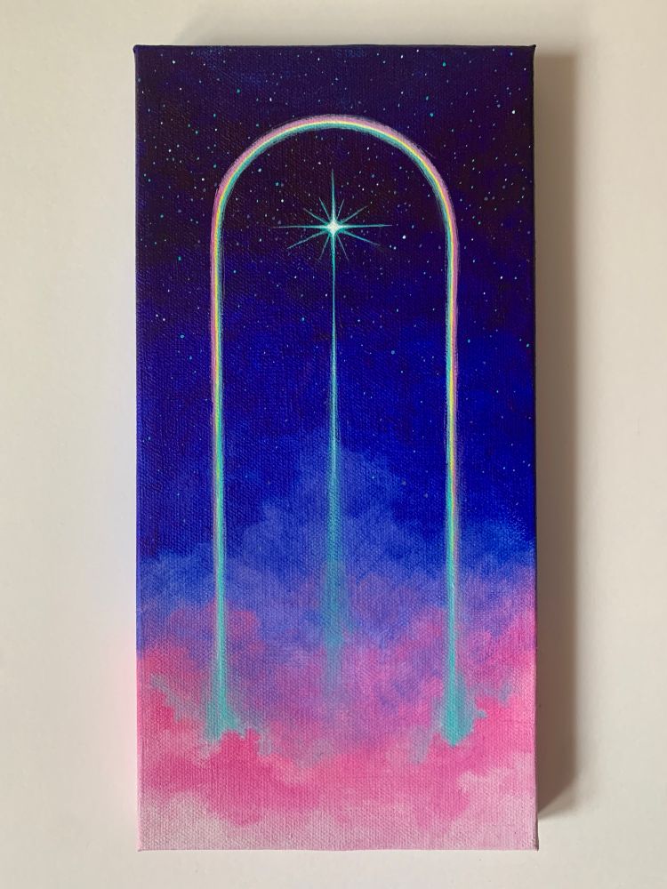 a tall painting on canvas against a white background. painting depicts a rainbow against a dark blue sky filled with stars with low hanging pink clouds at the bottom. a tall star rises from the center 