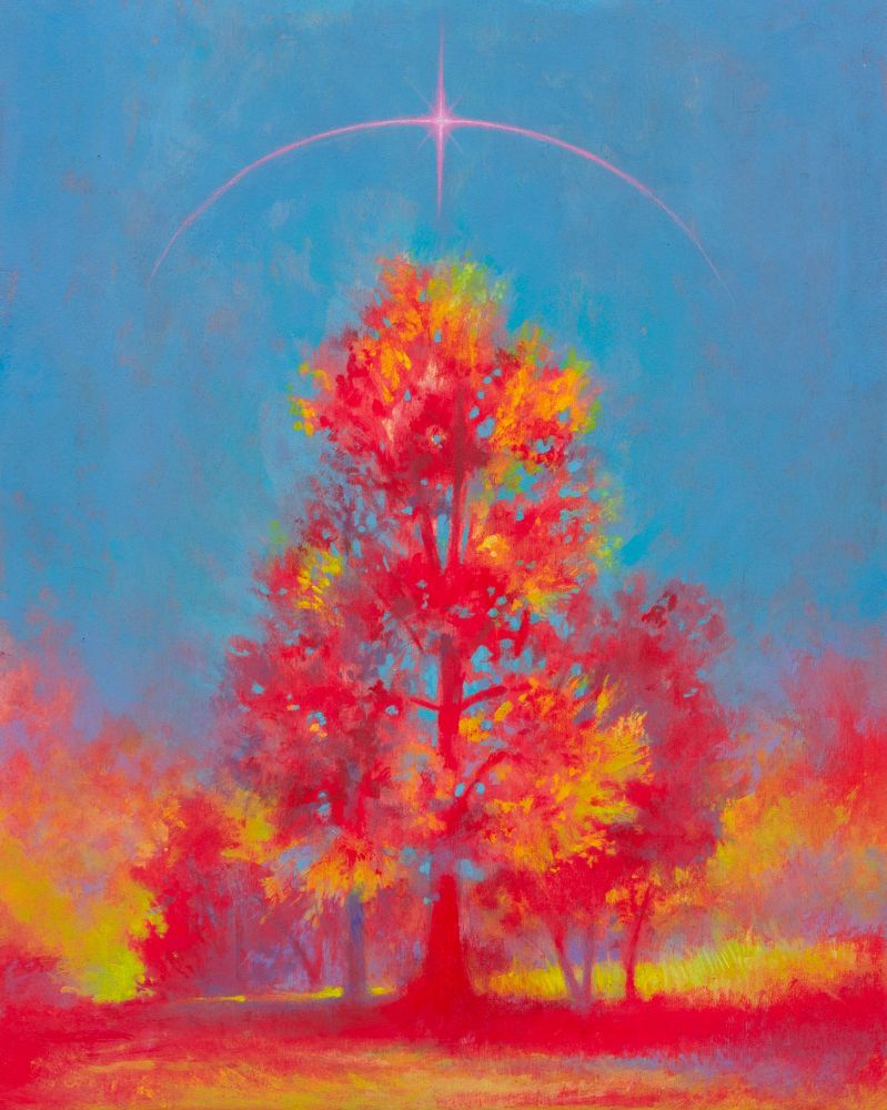 a painting of a vibrant red and yellow tree landscape. a pink arc and star floats in a blue sky above the central tree 