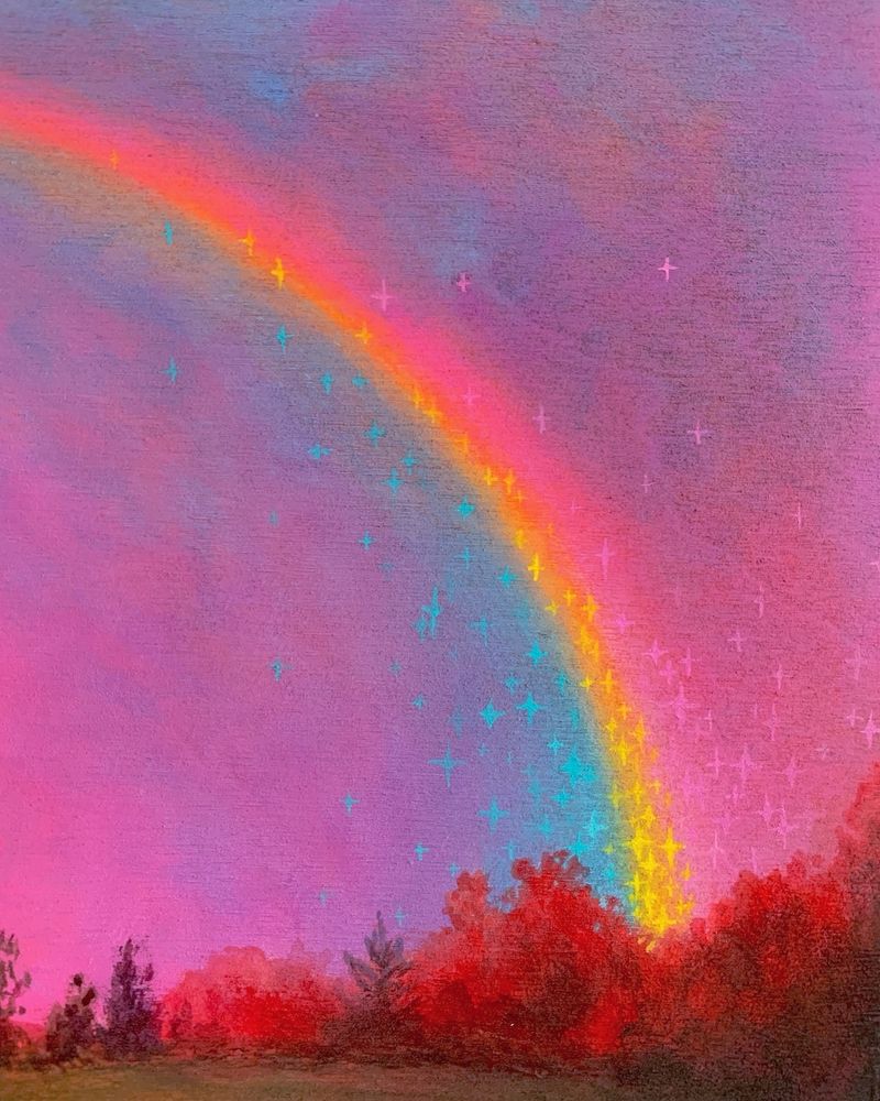a close up of the previous picture cropped so that the rainbow made of pink, yellow, and blue stars can be seen clearly. small red and brown trees line the foreground