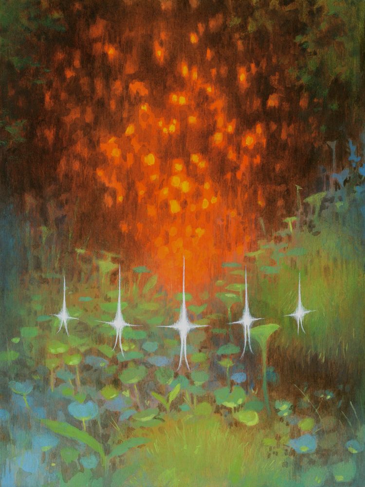 A painting of a forest with a glowing orange and yellow light through distant dark trees. Five stars float just above the green forest floor.
