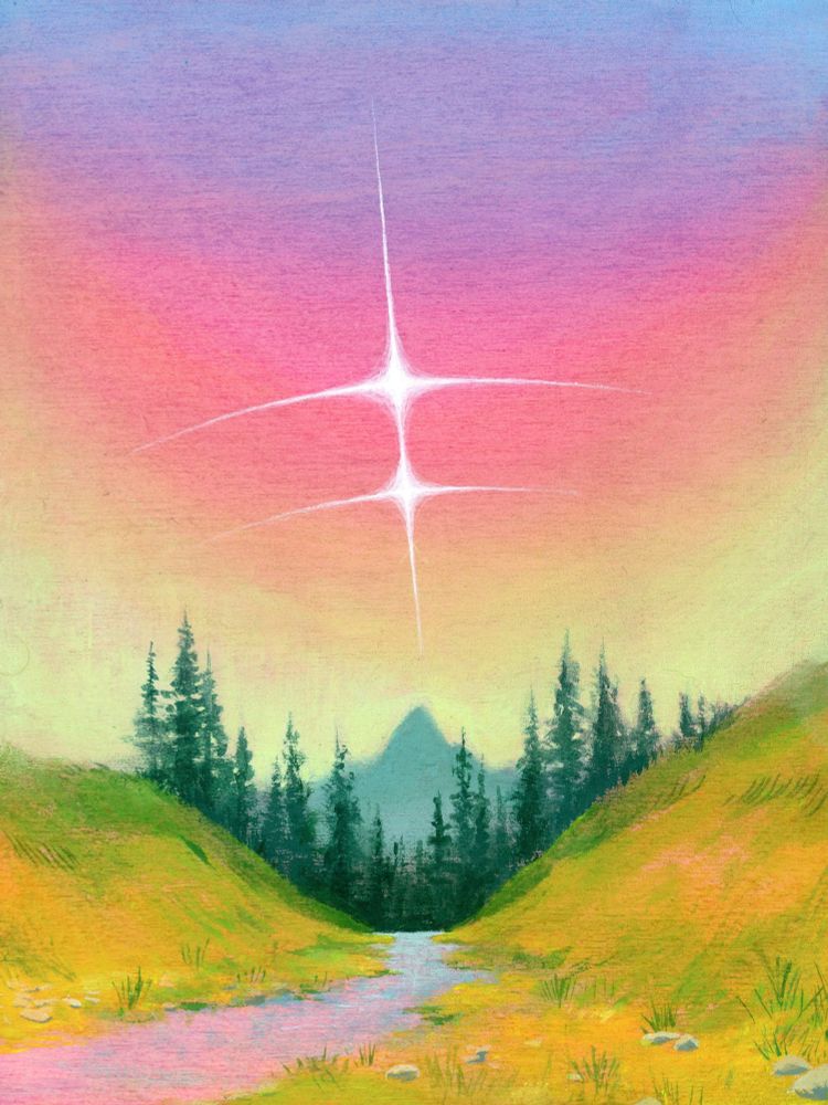 A landscape painting of a bright green valley with a small stream running through it, in the distance past a pine tree line is a pale mountain. The sky is a gradient of blue, pink and pale green, and a double cross passes through it the gradient