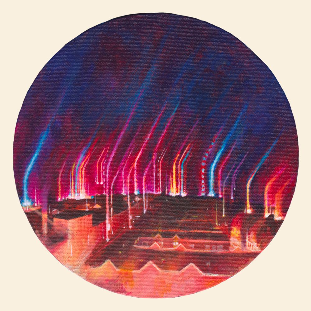 A circular painting on canvas against an off-white background. Painting depicts a cityscape at night, all the lights of houses and distant cars are stretched into the dark sky