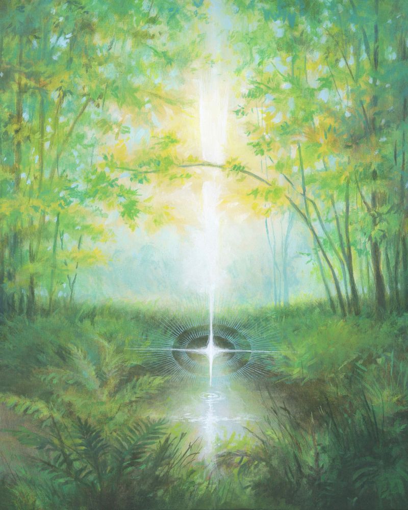 green landscape scene with a stream in the center and clearing behind. a long star descends from the white sky reaching towards the stream’s surface, outlined by a double blue halo