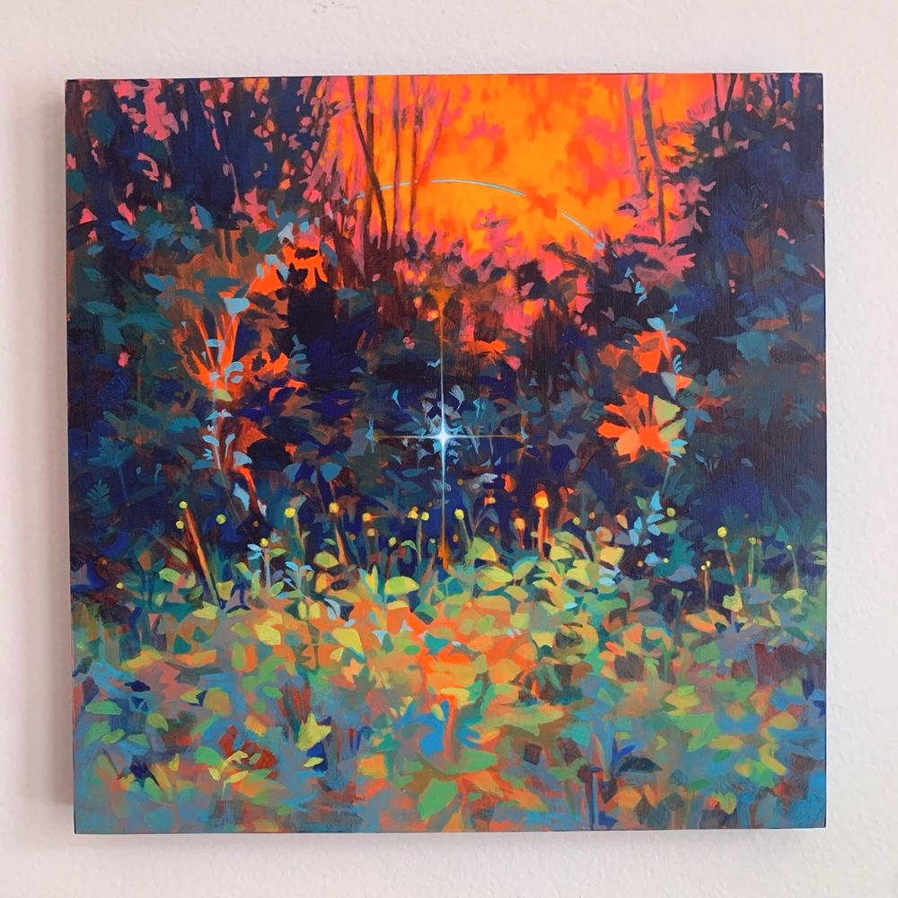 A square painting against a white background. The painting depicts a landscape with blue and green foliage over an orange underpainting. In the center a white and blue star emerges from the foliage and a glowing blue halo surrounds it illuminating the leaves.