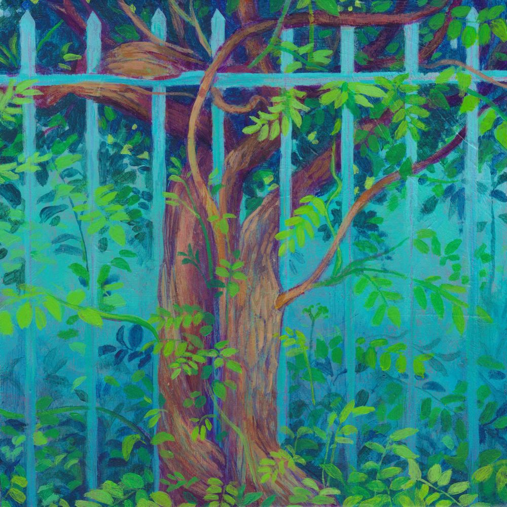 A square landscape painting of a twisting tree growing in and around an invisible metal fence against a blue background. Lots of green leaves are woven throughout the scene