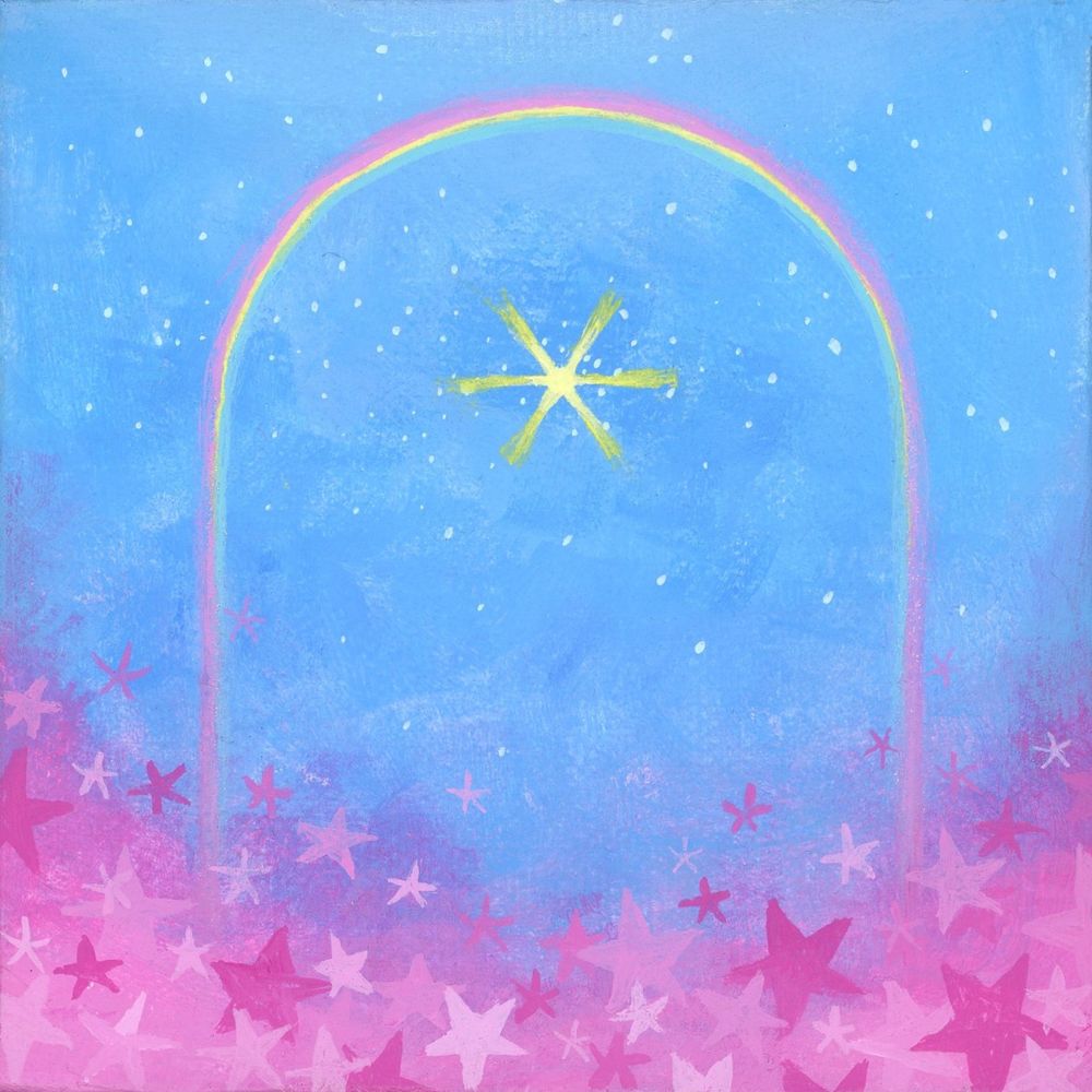 A square acrylic painting of a rainbow with a sun in the center against a light blue sky with speckled stars. At the bottom, the rainbow dissolves into pink clouds filled with five pointed stars